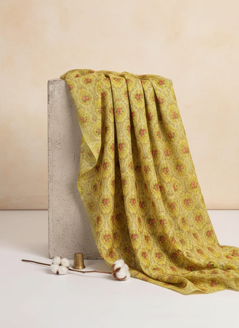 Yellow Damask Floral Print Chanderi Fabric for Kurtis