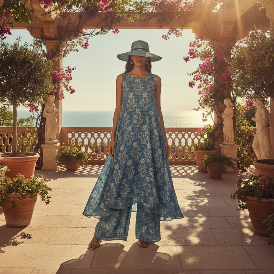 Teal Blue Damask Inspired Ethnic Floral Rayon Fabric