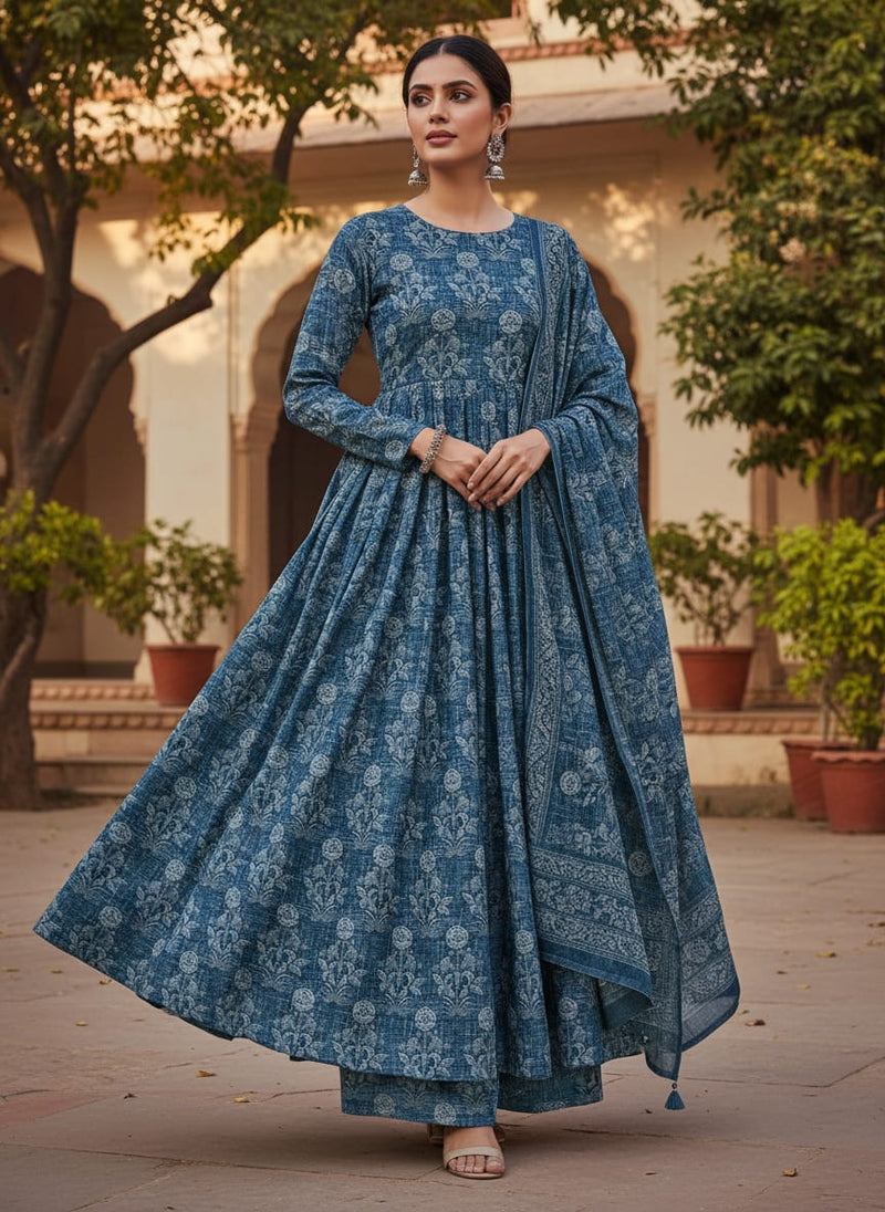 Teal Blue Damask Inspired Ethnic Floral Rayon Fabric