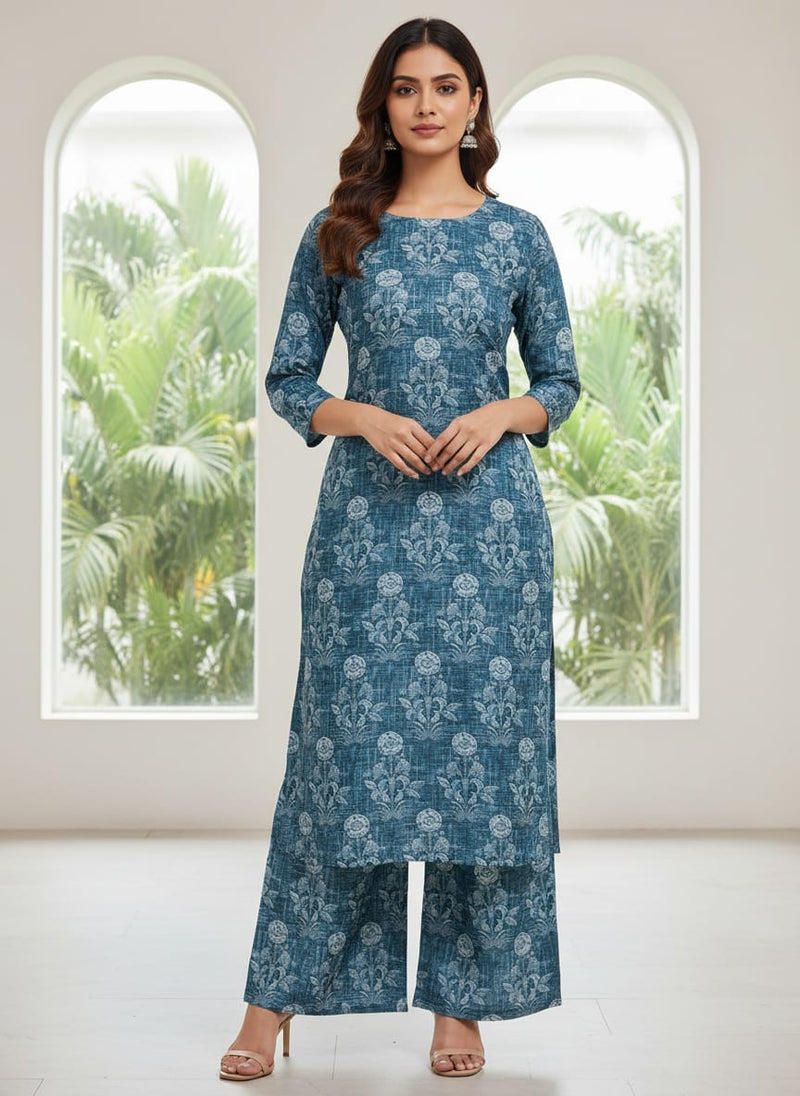 Teal Blue Damask Inspired Ethnic Floral Rayon Fabric