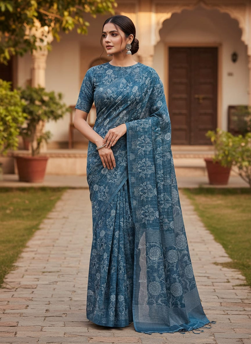 Teal Blue Damask Inspired Ethnic Floral Rayon Fabric