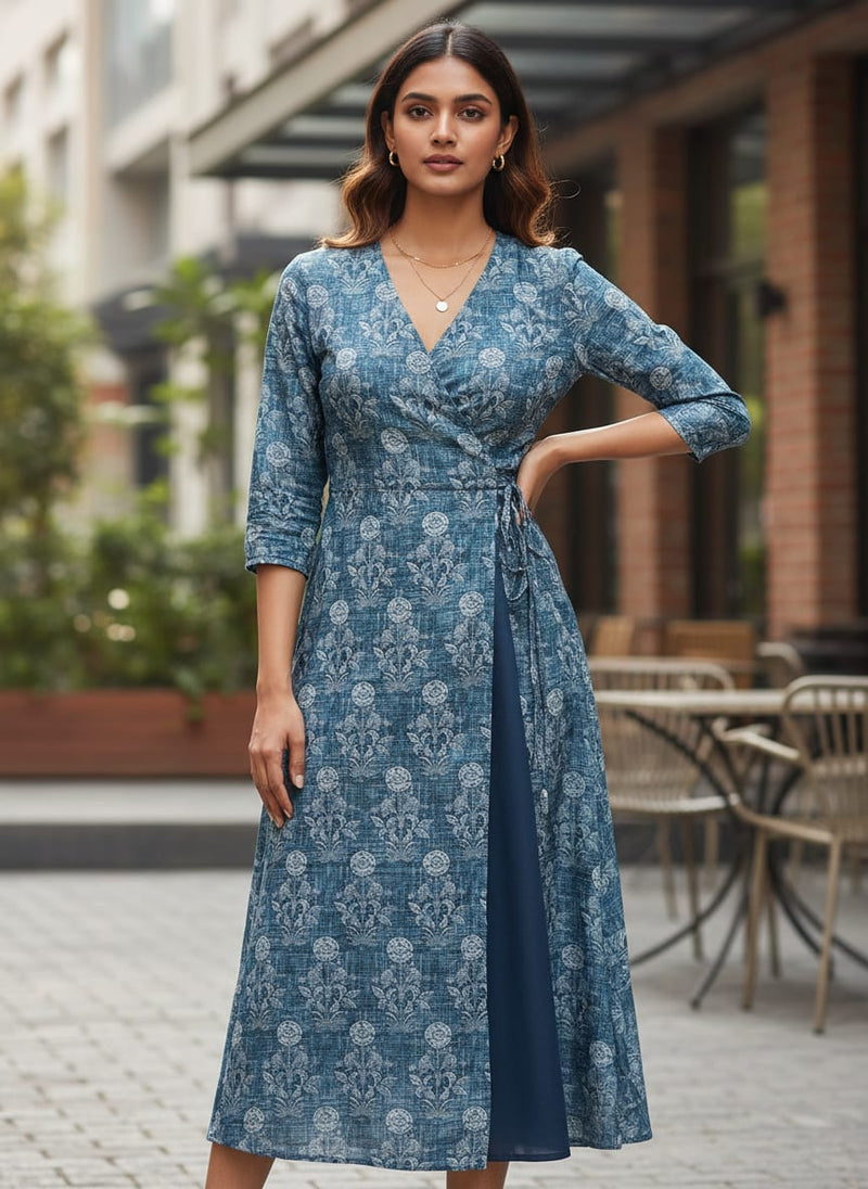Teal Blue Damask Inspired Ethnic Floral Rayon Fabric