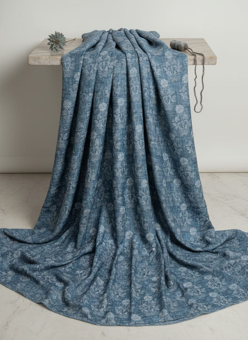 Teal Blue Damask Inspired Ethnic Floral Rayon Fabric