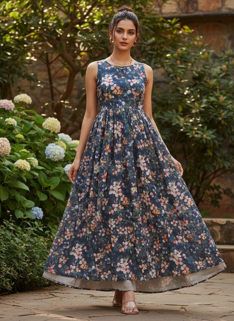 Navy Blue and Pink Watercolour Floral Muslin Fabric