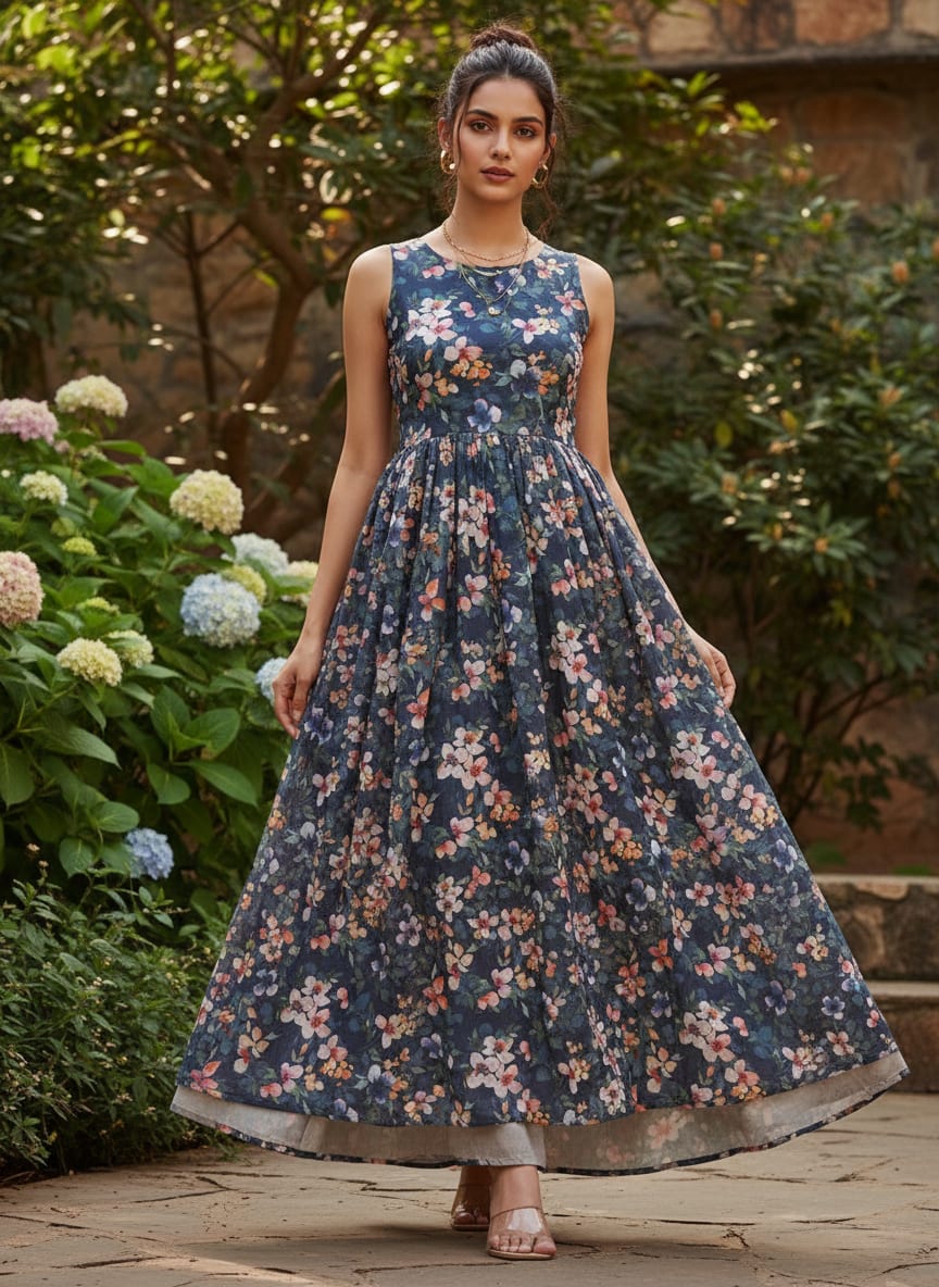 Navy Blue and Pink Watercolour Floral Muslin Fabric