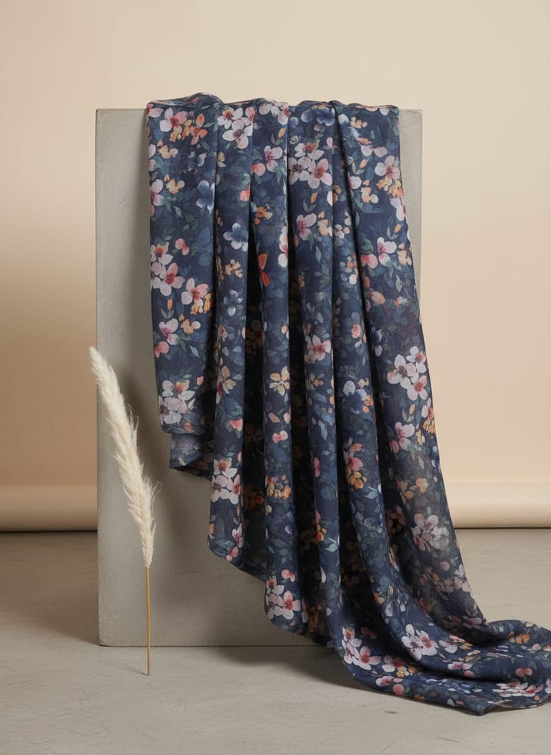 Navy Blue and Pink Watercolour Floral Muslin Fabric