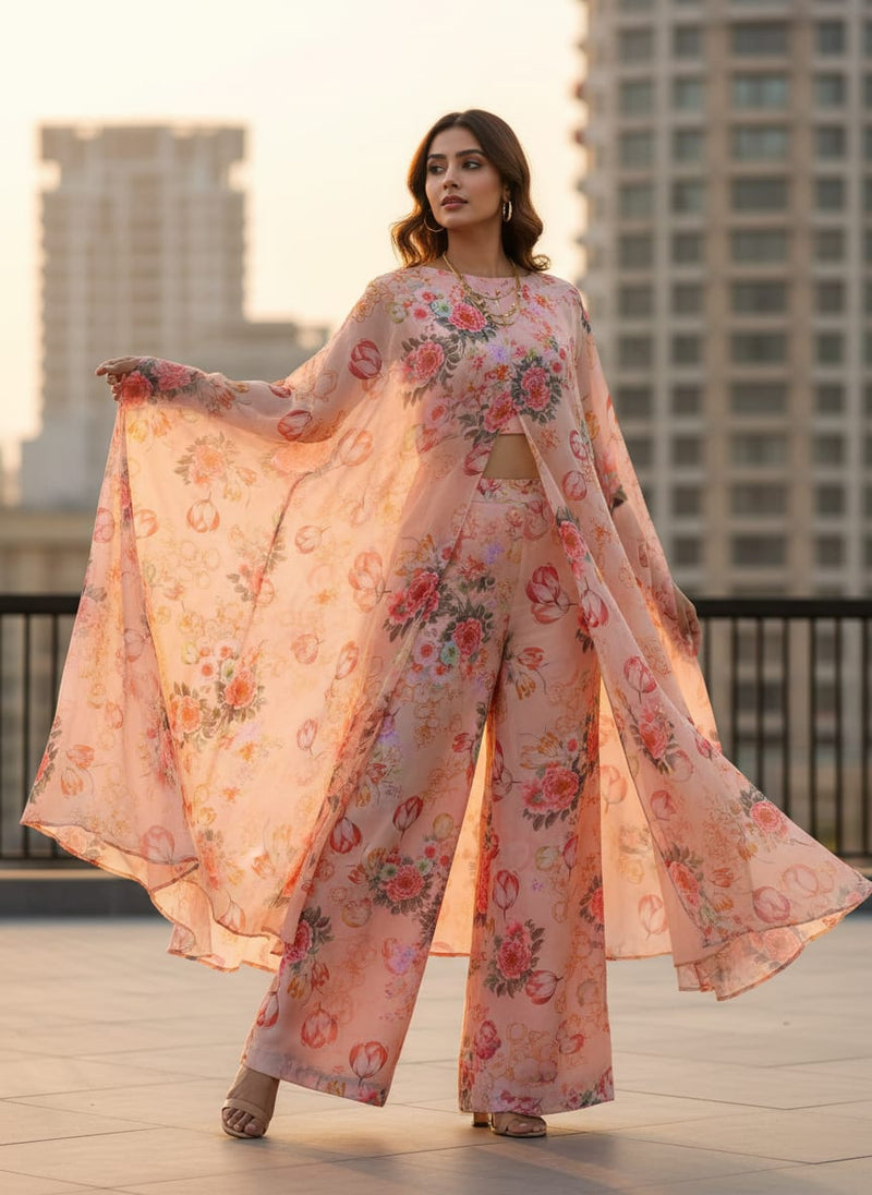 Peach Floral Garden Tulip Print Sheer Organza Fabric