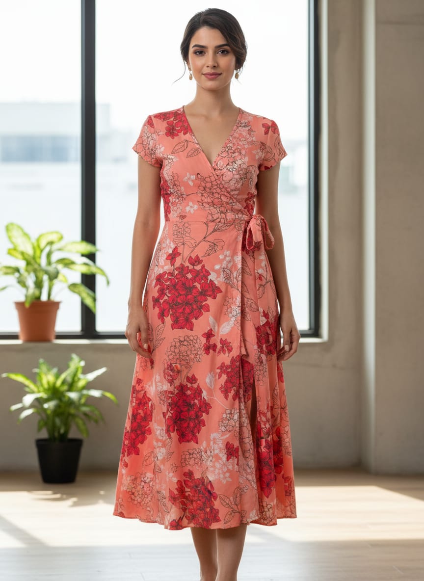 Coral Bloom Botanical Sketch Printed Rayon Fabric