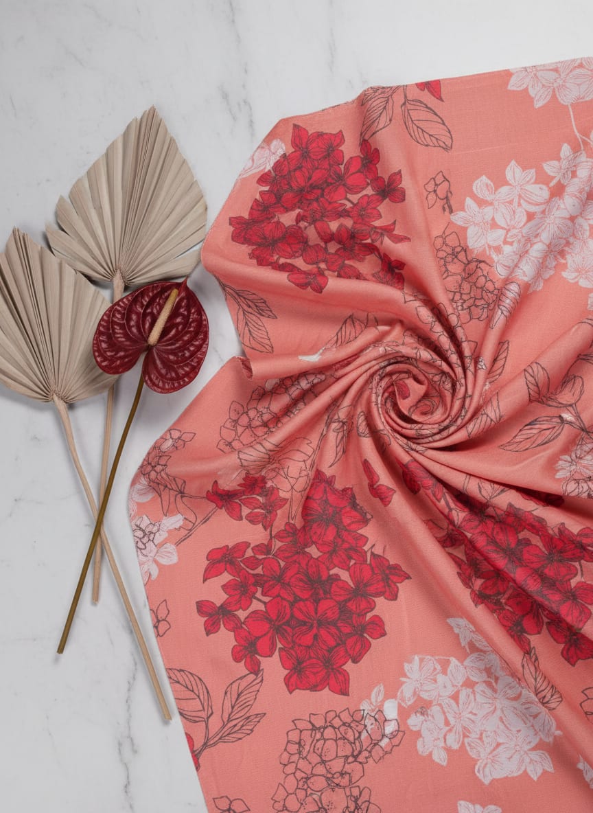 Coral Bloom Botanical Sketch Printed Rayon Fabric