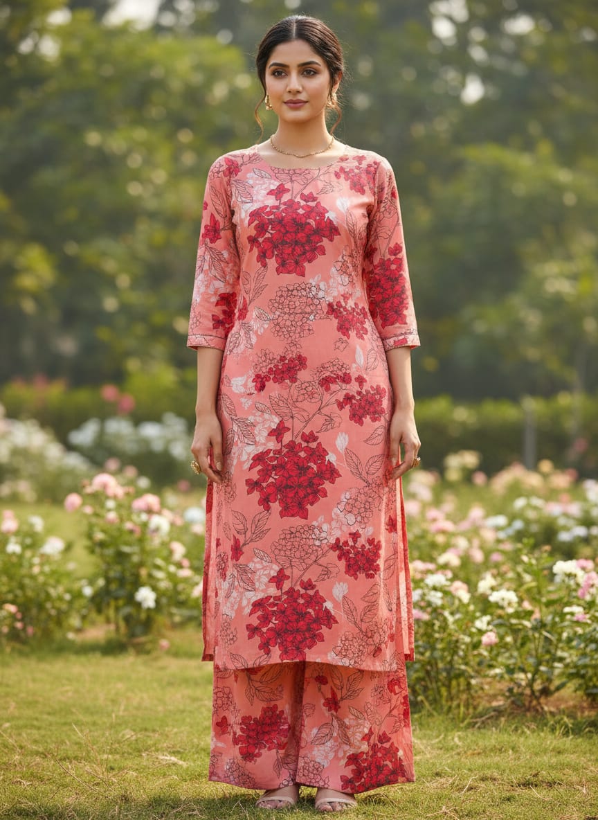 Coral Bloom Botanical Sketch Printed Rayon Fabric