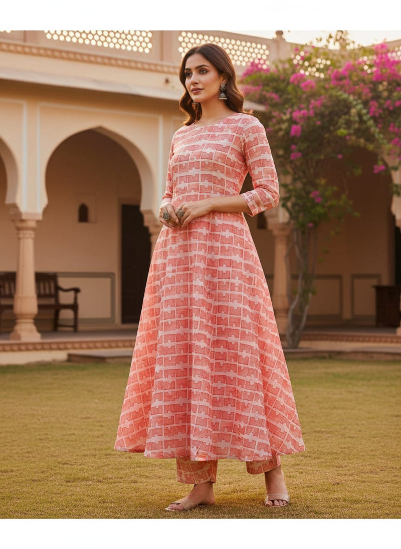Vibrant Coral Geometric Sketch Print Chanderi Fabric