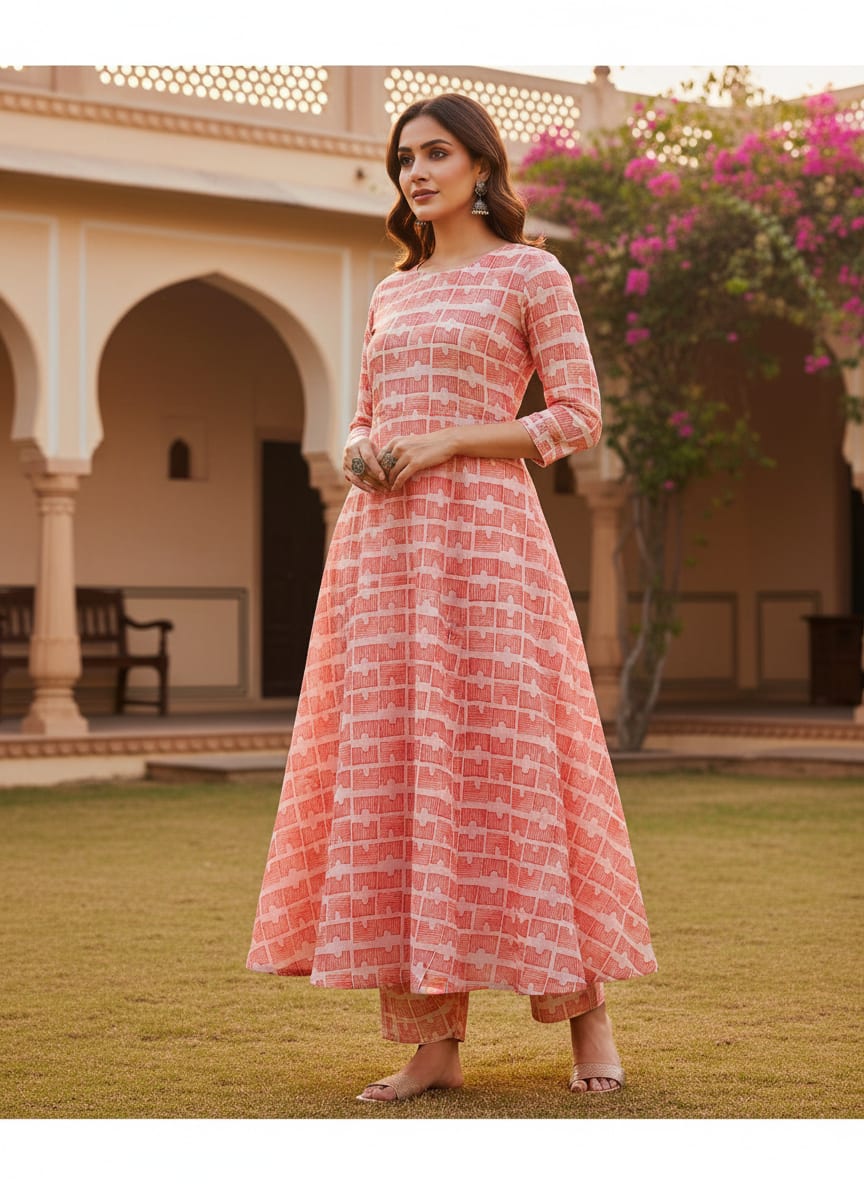 Vibrant Coral Geometric Sketch Print Chanderi Fabric