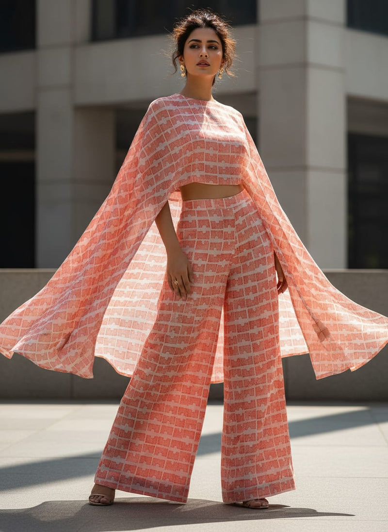 Vibrant Coral Geometric Sketch Print Chanderi Fabric