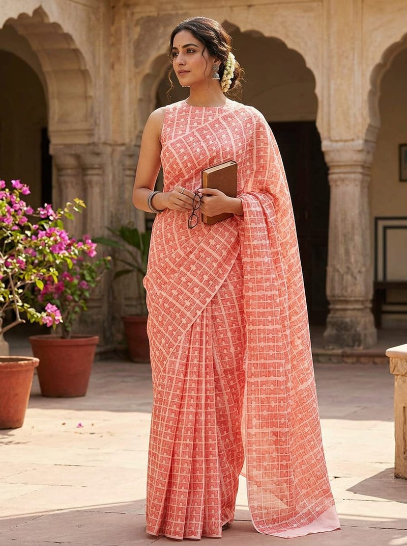 Peach Geometric Hatched Block Print Chanderi Digital Printed Fabric
