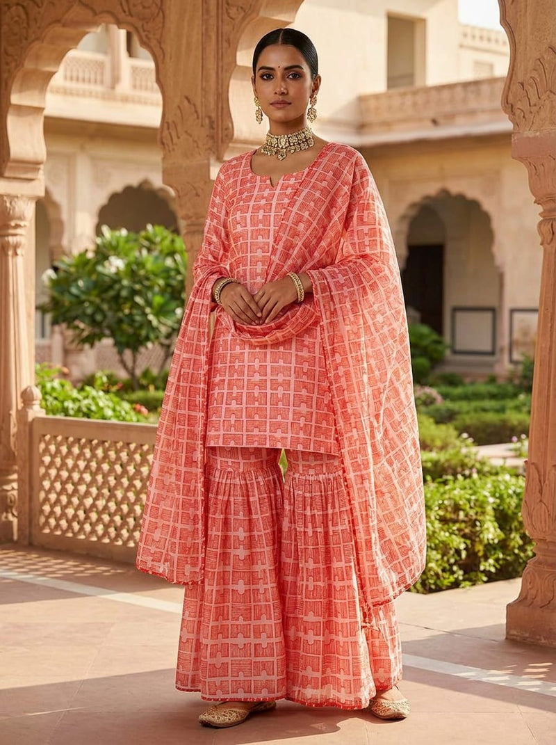 Peach Geometric Hatched Block Print Chanderi Digital Printed Fabric