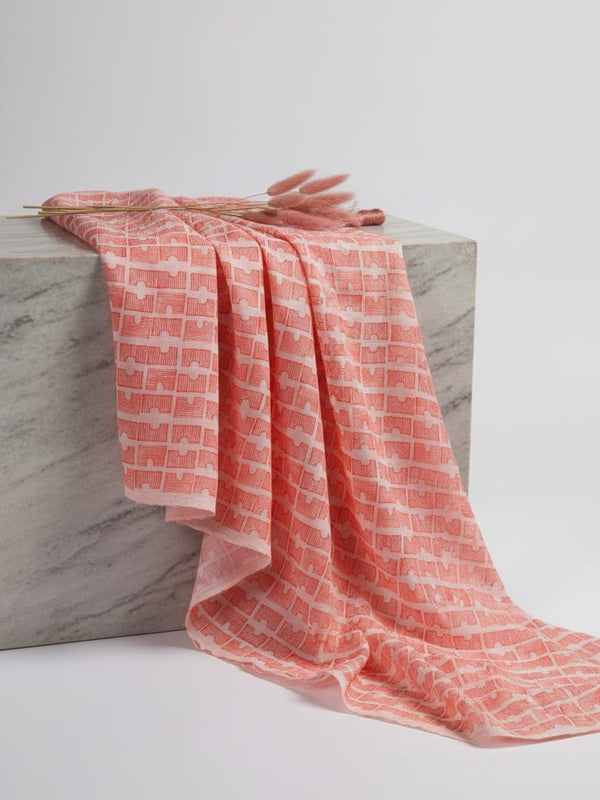 Vibrant Coral Geometric Sketch Print Chanderi Fabric