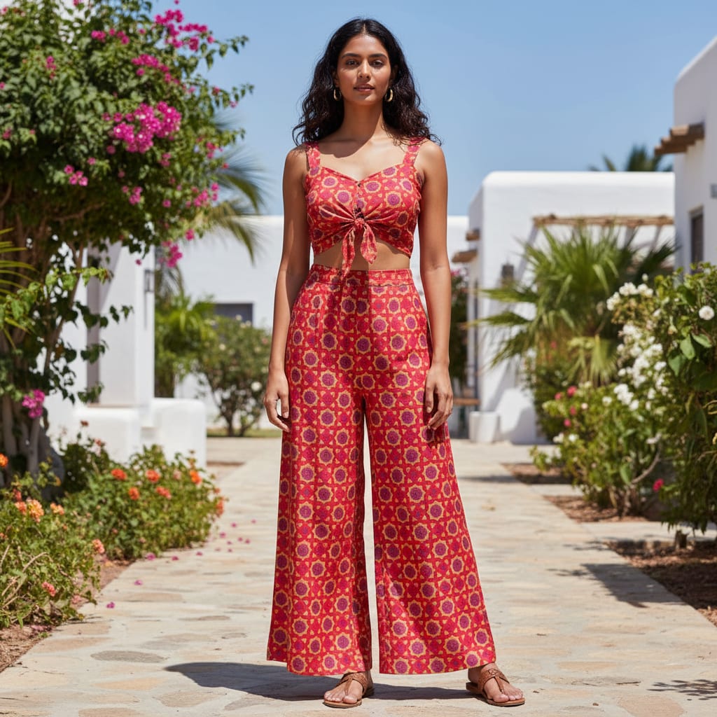 Ruby Red Geometric Star Patterned Soft Rayon Fabric