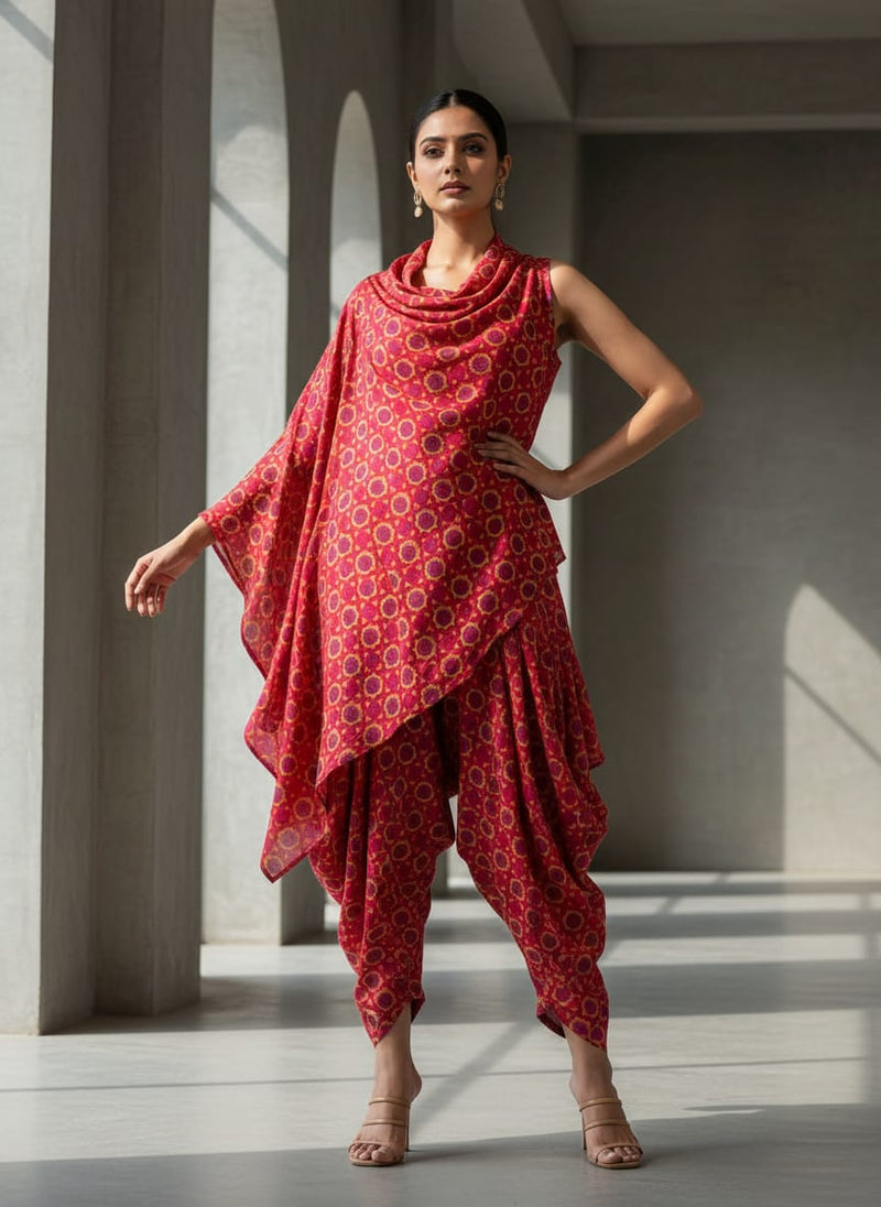 Ruby Red Geometric Star Patterned Soft Rayon Fabric