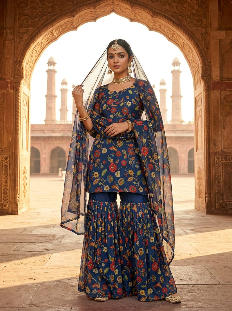 Navy Ethnic Floral Vine Print Chanderi Digital Printed Fabric - Gharara Set Lookbook - CH-0-TA07321-108
