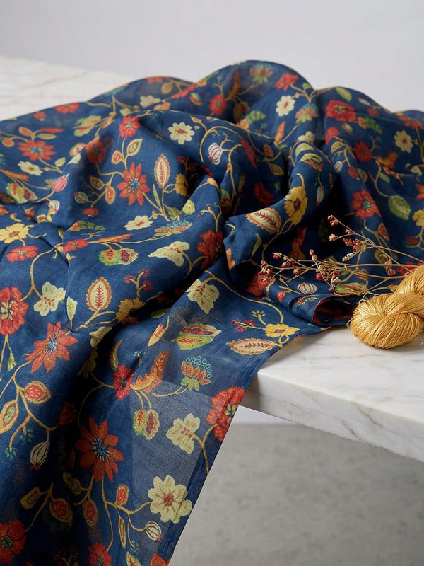 Navy Ethnic Floral Vine Print Chanderi Digital Printed Fabric
