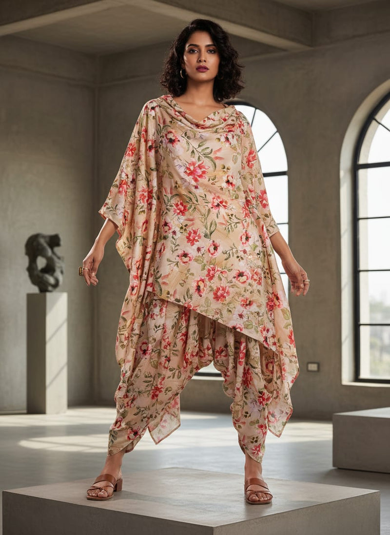 Beige & Red Watercolour Floral Printed Soft Rayon Fabric