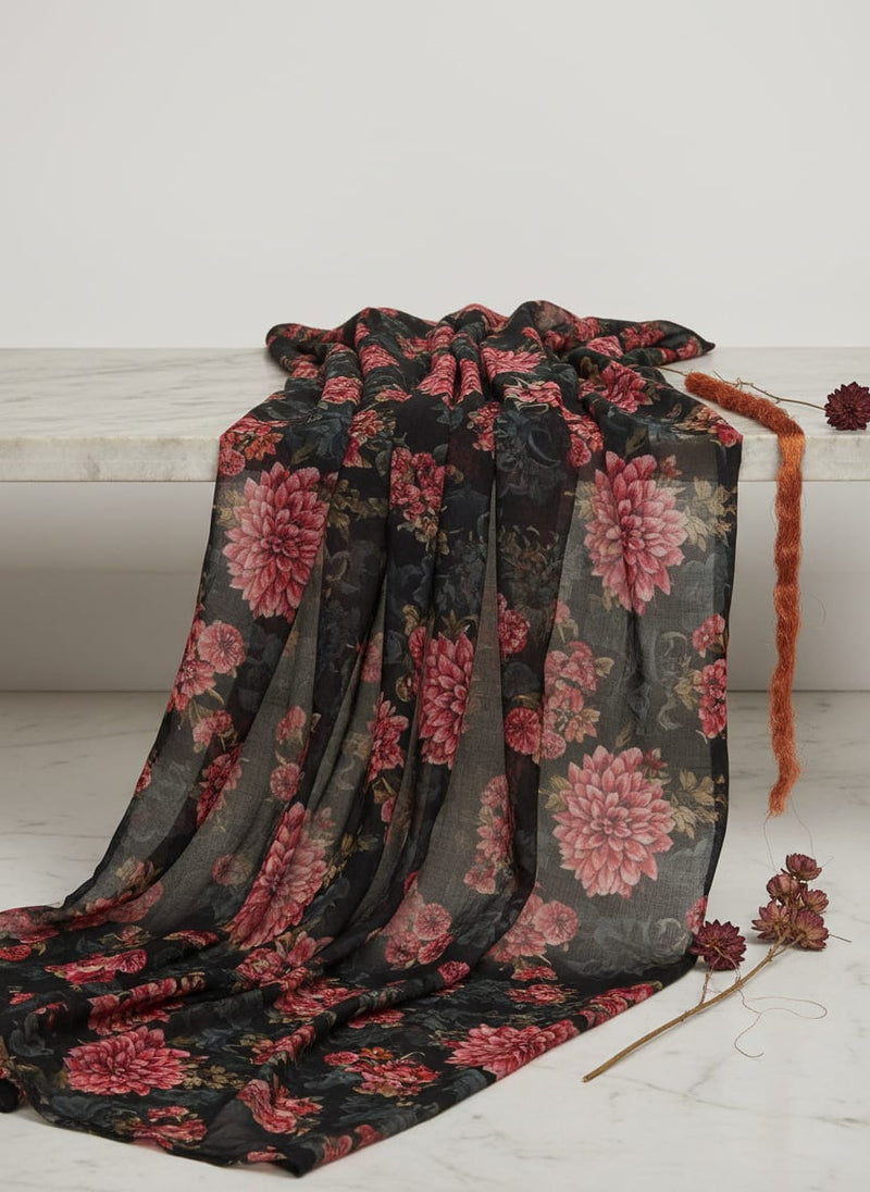 Enchanting Red Floral Bunch on Black Muslin Fabric