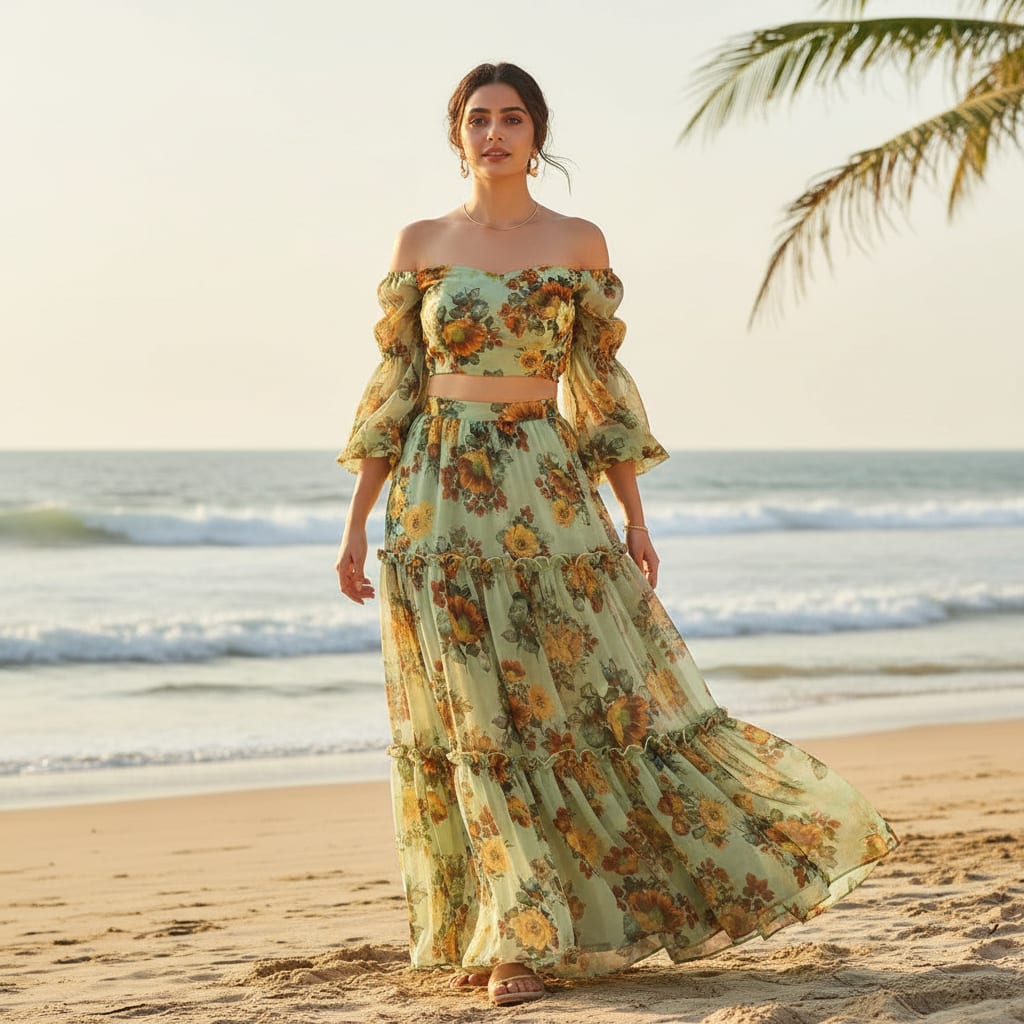 Pastel Green & Yellow Floral Printed Sheer Organza Fabric