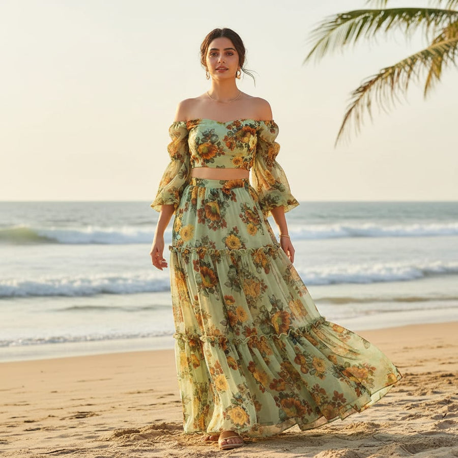 Pastel Green & Yellow Floral Printed Sheer Organza Fabric