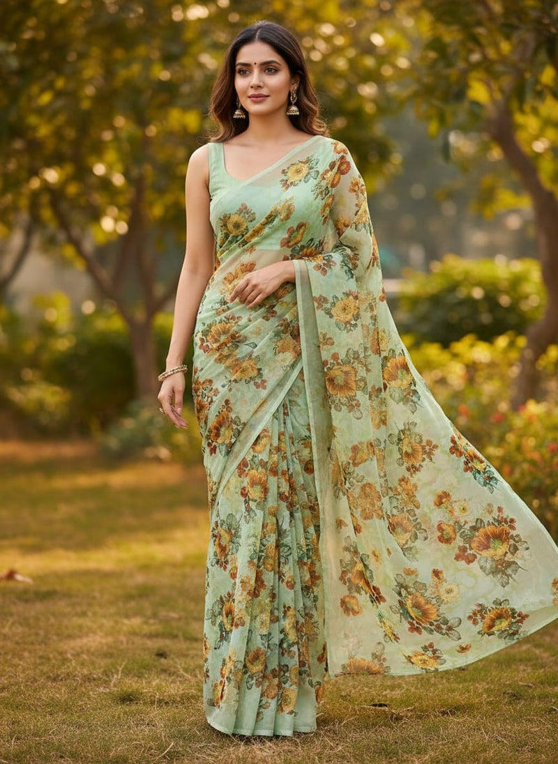 Pastel Green & Yellow Floral Printed Sheer Organza Fabric