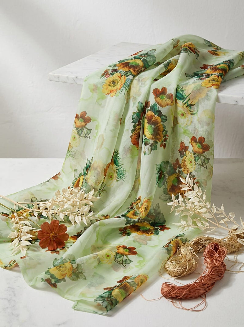 Green Watercolour Floral Garden Organza Digital Printed Fabric