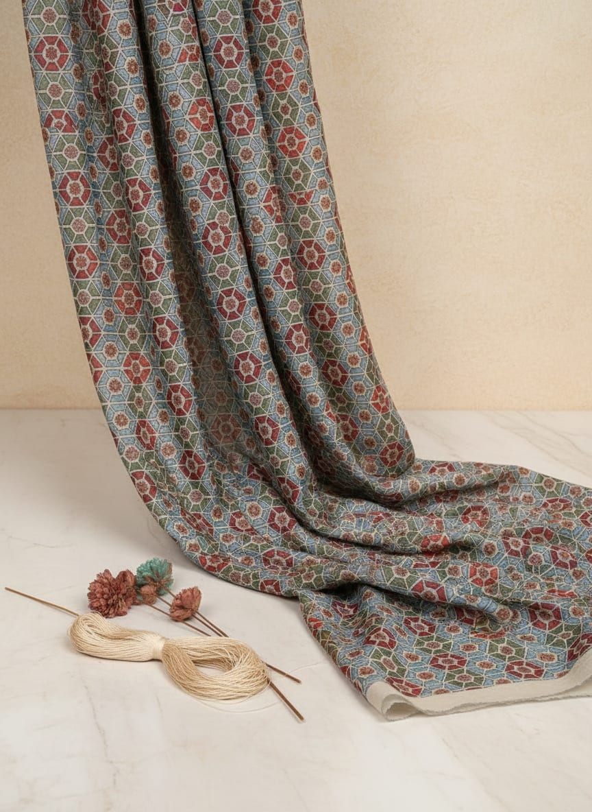 Red & Blue Geometric Mosaic Print Chanderi Fabric