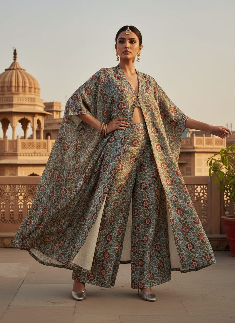 Red & Blue Geometric Mosaic Print Chanderi Fabric