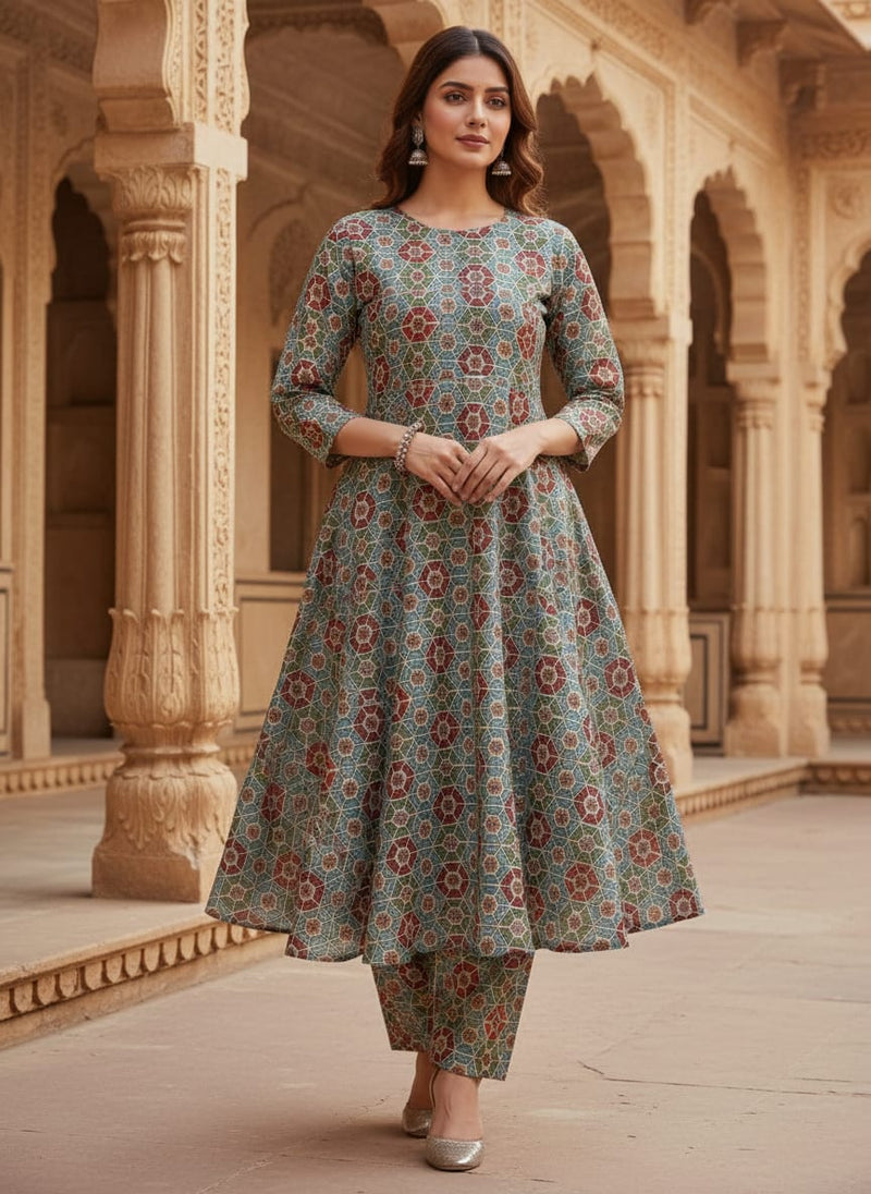 Red & Blue Geometric Mosaic Print Chanderi Fabric