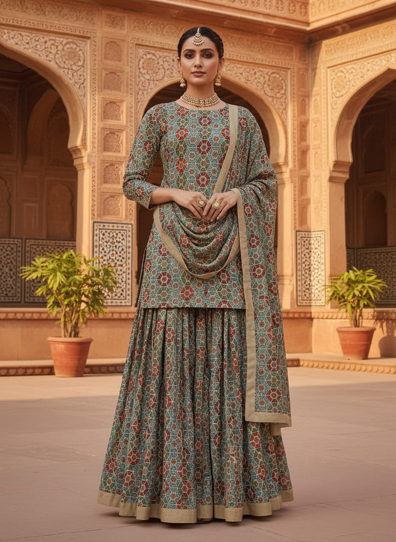 Red & Blue Geometric Mosaic Print Chanderi Fabric