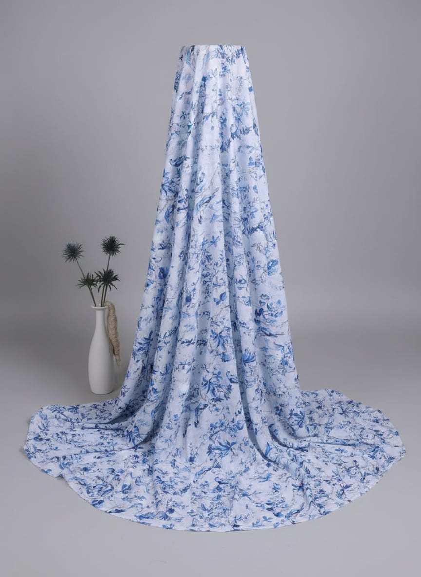Blue Chinoiserie Bird & Floral Print Muslin Fabric