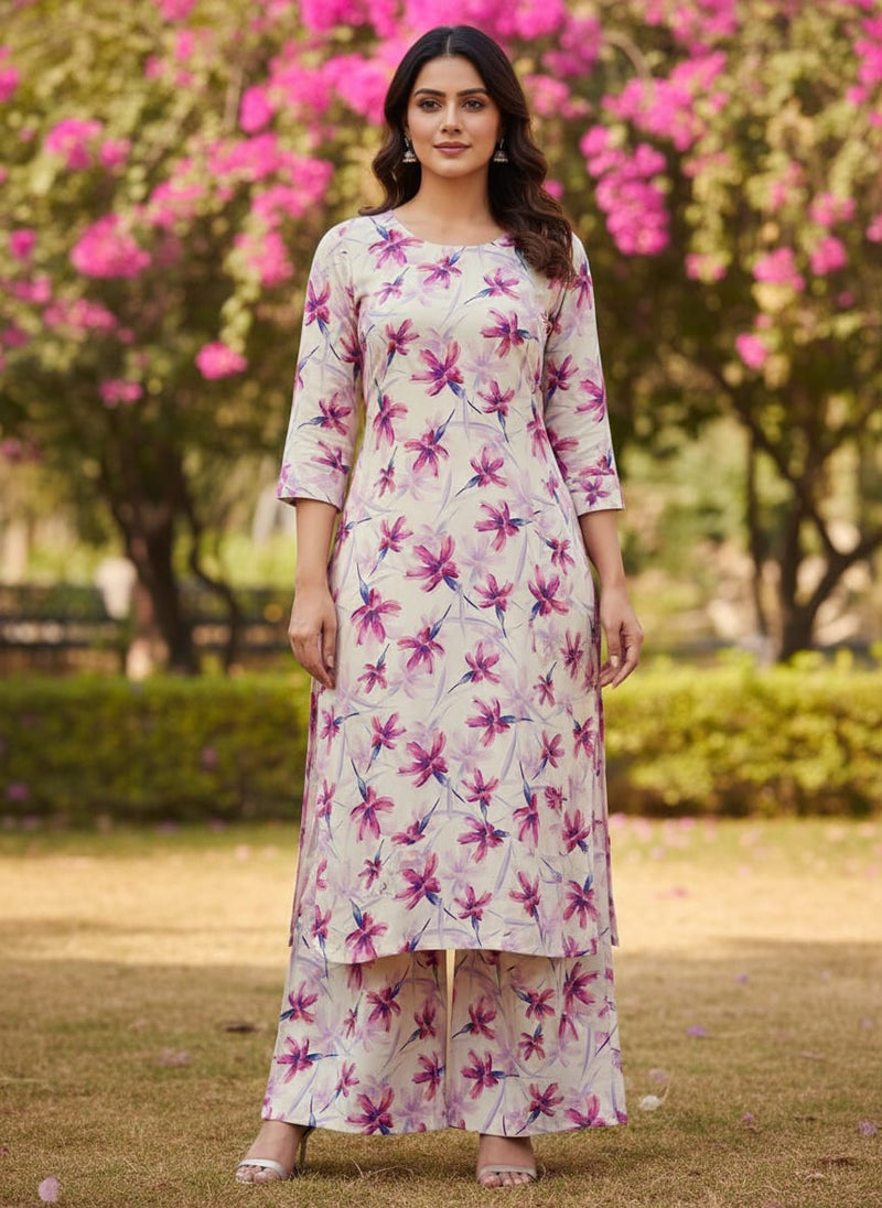 Fuchsia & Violet Watercolour Floral Printed Rayon Fabric
