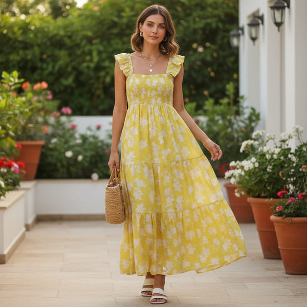 Bright Yellow & White Floral Silhouette Muslin Fabric - alternate view
