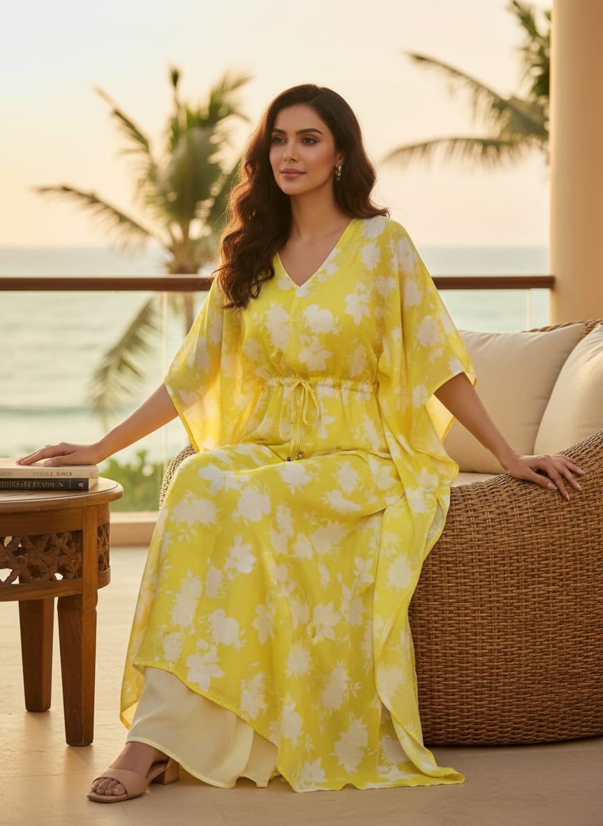 Bright Yellow & White Floral Silhouette Muslin Fabric