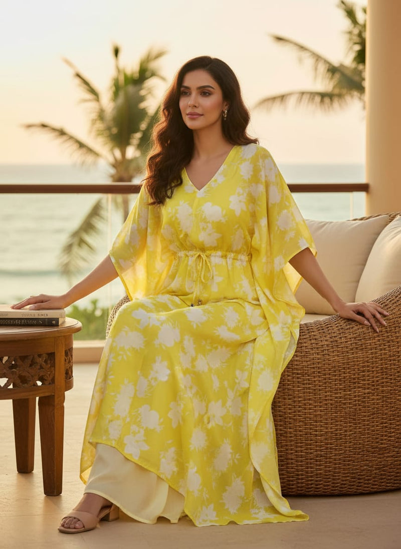 Bright Yellow & White Floral Silhouette Muslin Fabric