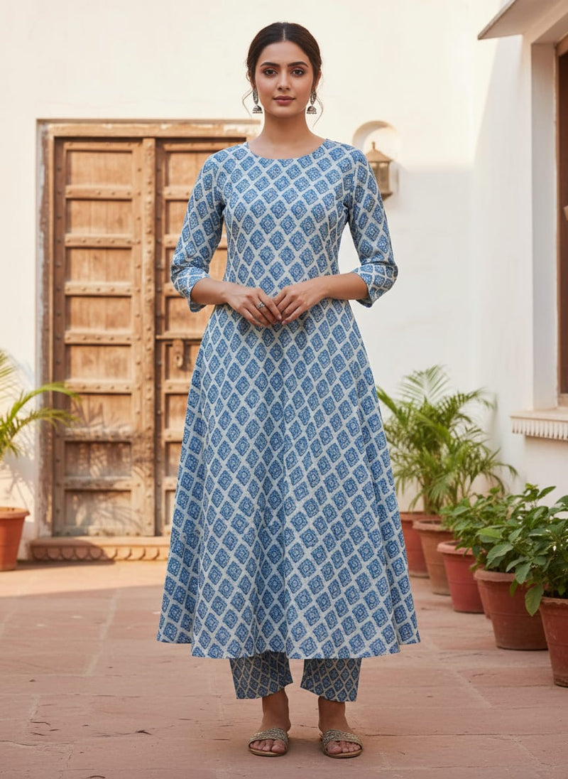 Blue Ikat Diamond Patterned Chanderi Fabric for Kurtas