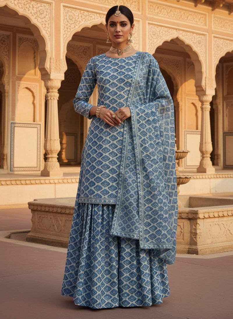 Blue Ikat Diamond Patterned Chanderi Fabric for Kurtas