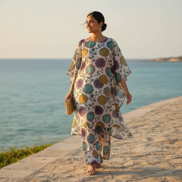 Chanderi Fabric with Colourful Stylised Floral Print - alternate view