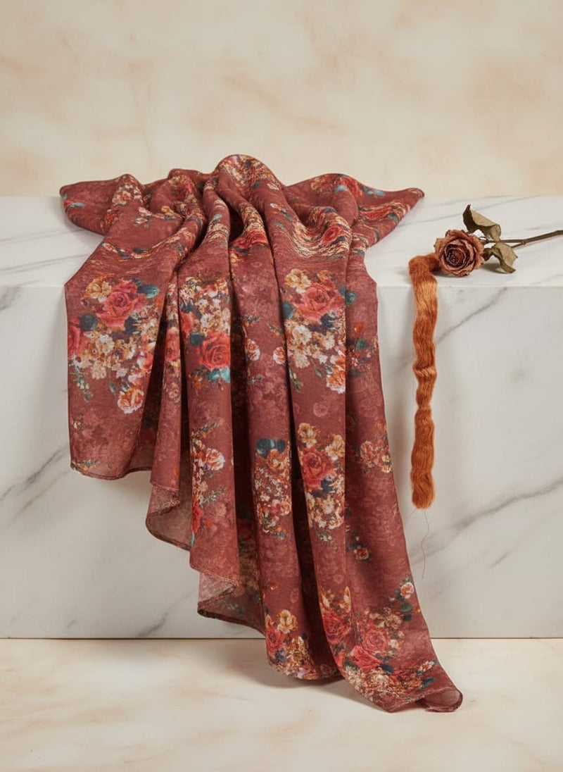 Rust Brown Vintage Rose Floral Printed Muslin Fabric