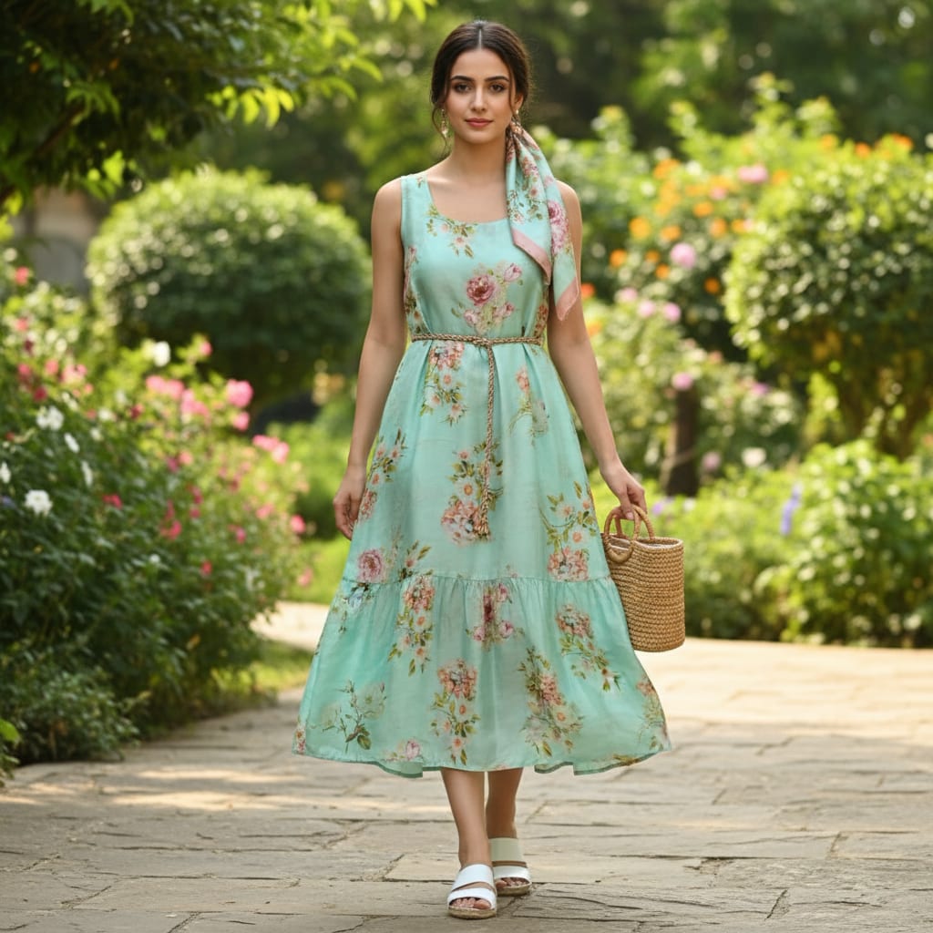 Sea Green and Pink Floral Printed Tusser Silk Fabric