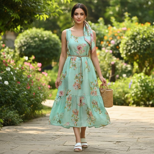 Sea Green and Pink Floral Printed Tusser Silk Fabric - alternate view