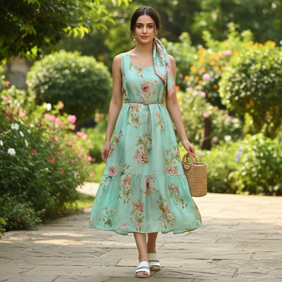 Sea Green and Pink Floral Printed Tusser Silk Fabric