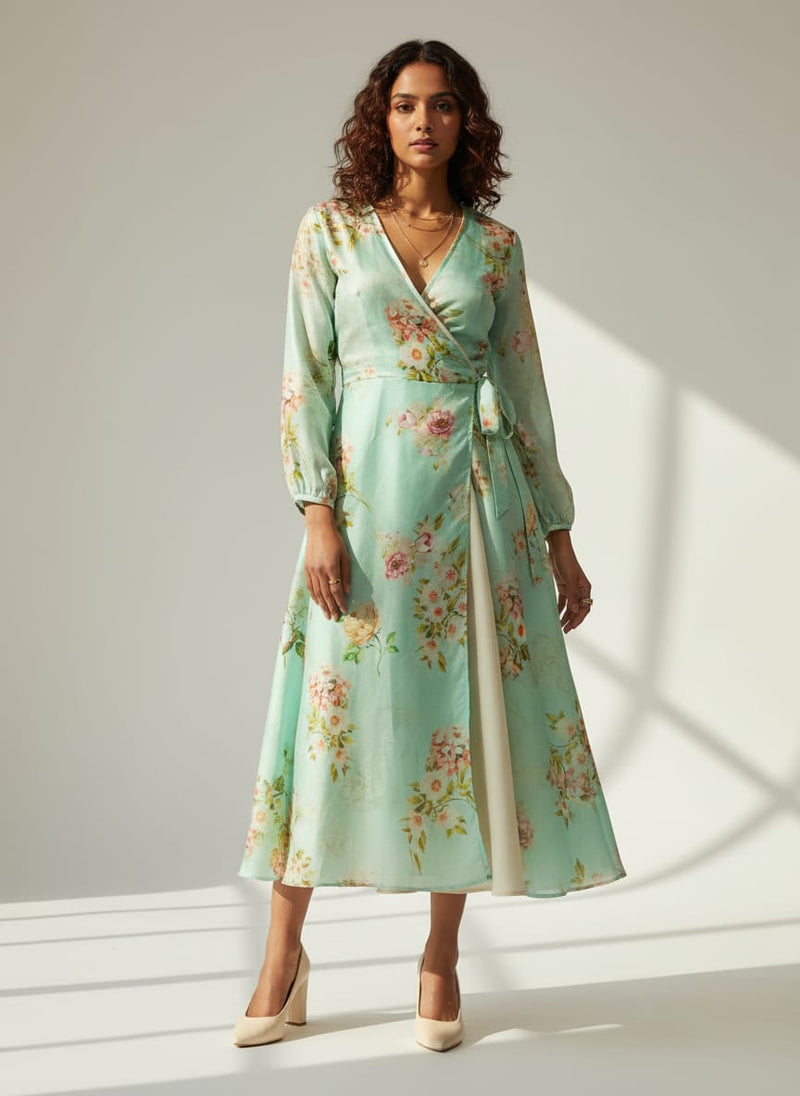 Sea Green and Pink Floral Printed Tusser Silk Fabric