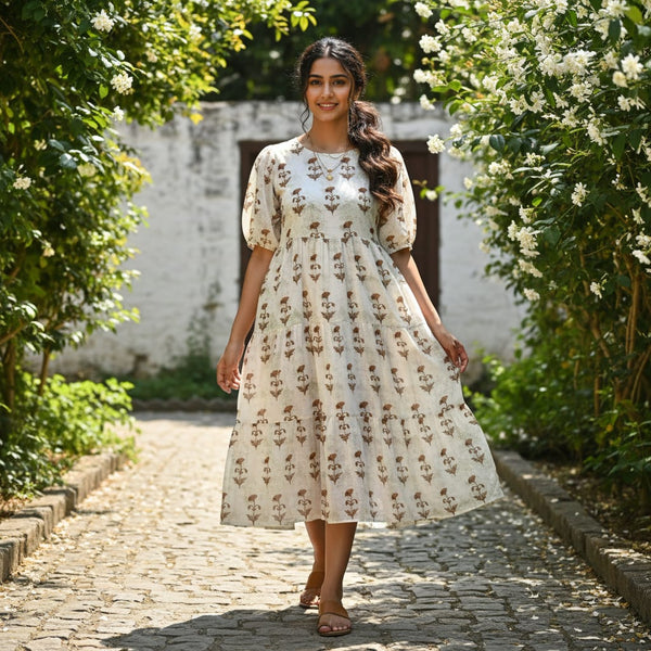 Vintage Floral Buti Chanderi Fabric in Off White & Brown - alternate view