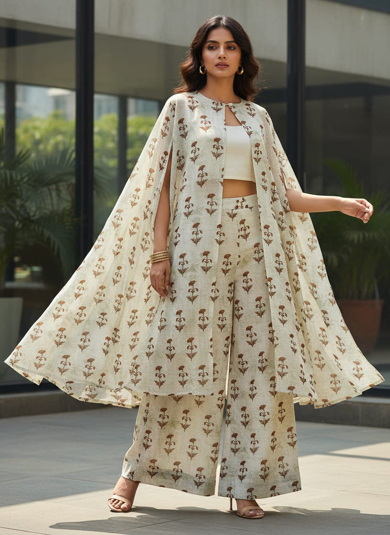 Vintage Floral Buti Chanderi Fabric in Off White & Brown - Cape with Palazzo Lookbook - CH-0-TA0417-108
