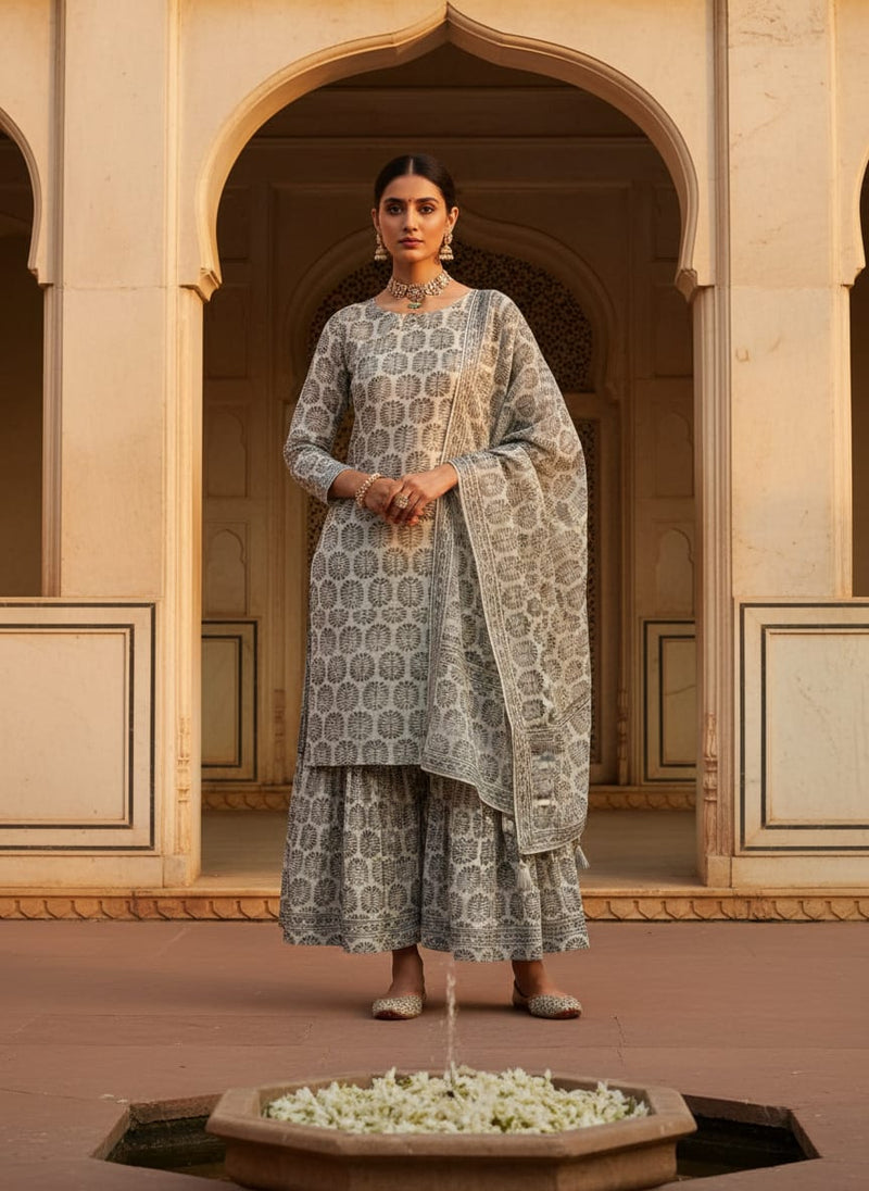 Olive Green Stylised Leaf Print Lightweight Chanderi Fabric